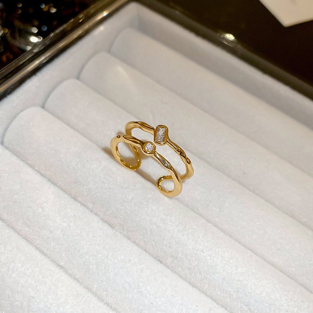 Women’s Real Gold-Plated Double-Layer Open Ring with Zircon Stones